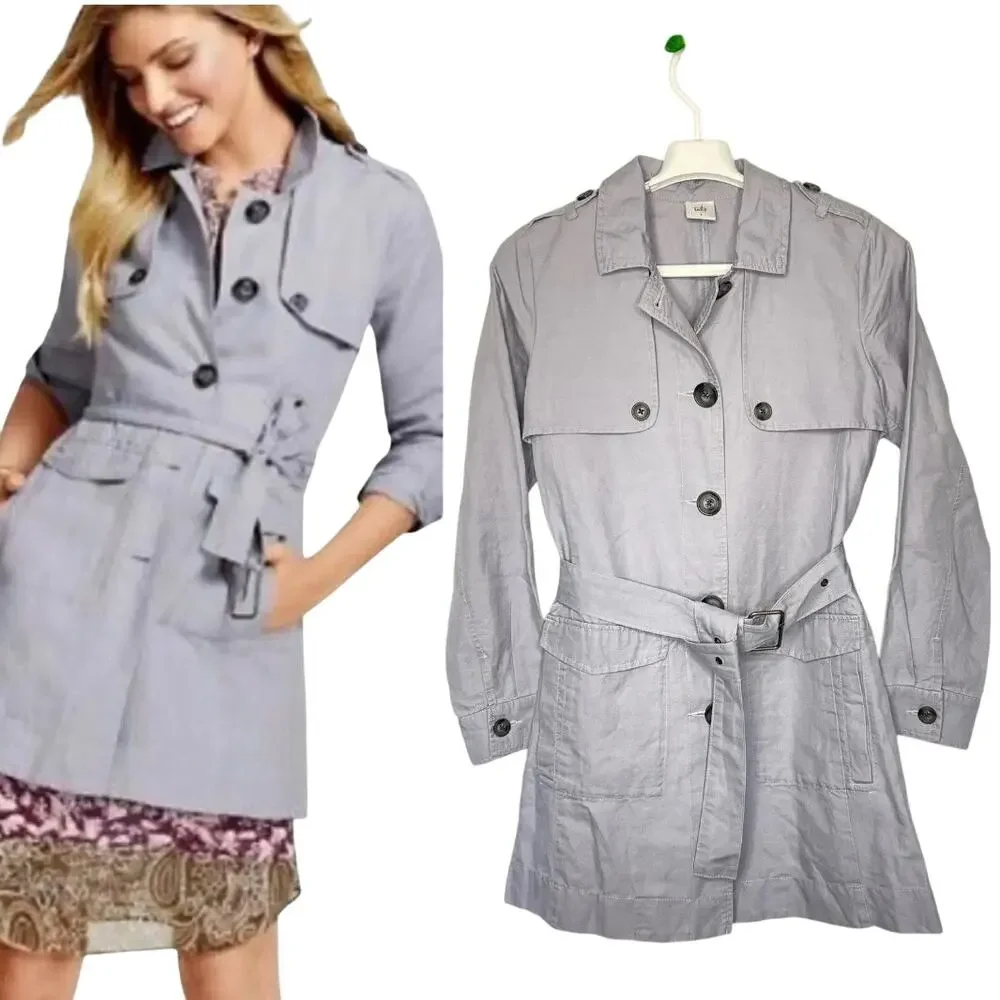 Cabi Tanner Trench Coat Linen Cotton Blend in Silver Lake Size Small